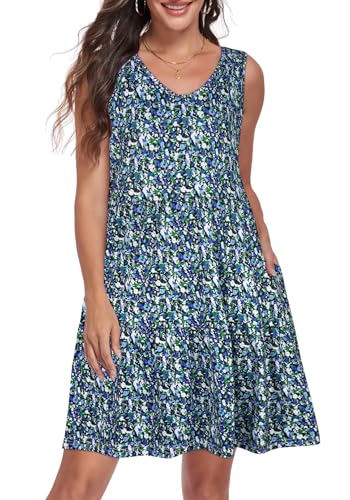 Image of Sundresses for Women Summer Sleeveless Tiered Swing V Neck Tank Dress | 2026 Casual Loose Tank Dress with Pockets, A-Line Flowy Beach Sun dress, Vacation Cruise Fashion Outfits