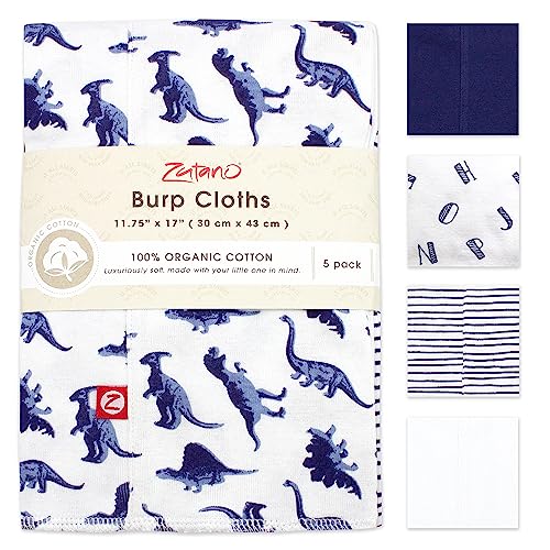 Image of Zutano 5-Pack Organic Burp Cloths for Baby Girl & Boy, Large Cotton Burping Cloths for Babies | Absorbent Baby Spit-Up Rags | Gender Neutral Burp Clothes | Newborn Essentials, Dino Party