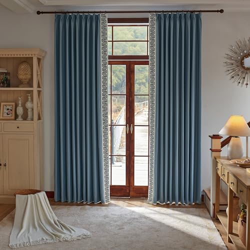 VisionaryHomeDesign Blue Pinch Pleat Curtains, Drapes with Greek Key Trim, Room Darkening Curtains for Rooms Doors Windows(Blue, 50" W x 102" L (2 Panels))