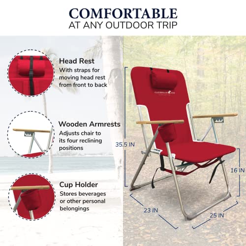 Caribbean Joe Folding Beach Chair, 4 Position Portable Backpack Foldable Camping Chair With Headrest, Cup Holder, And Wooden Armrests, Red, 33.5"D X 3"W X 25"H #TOP2