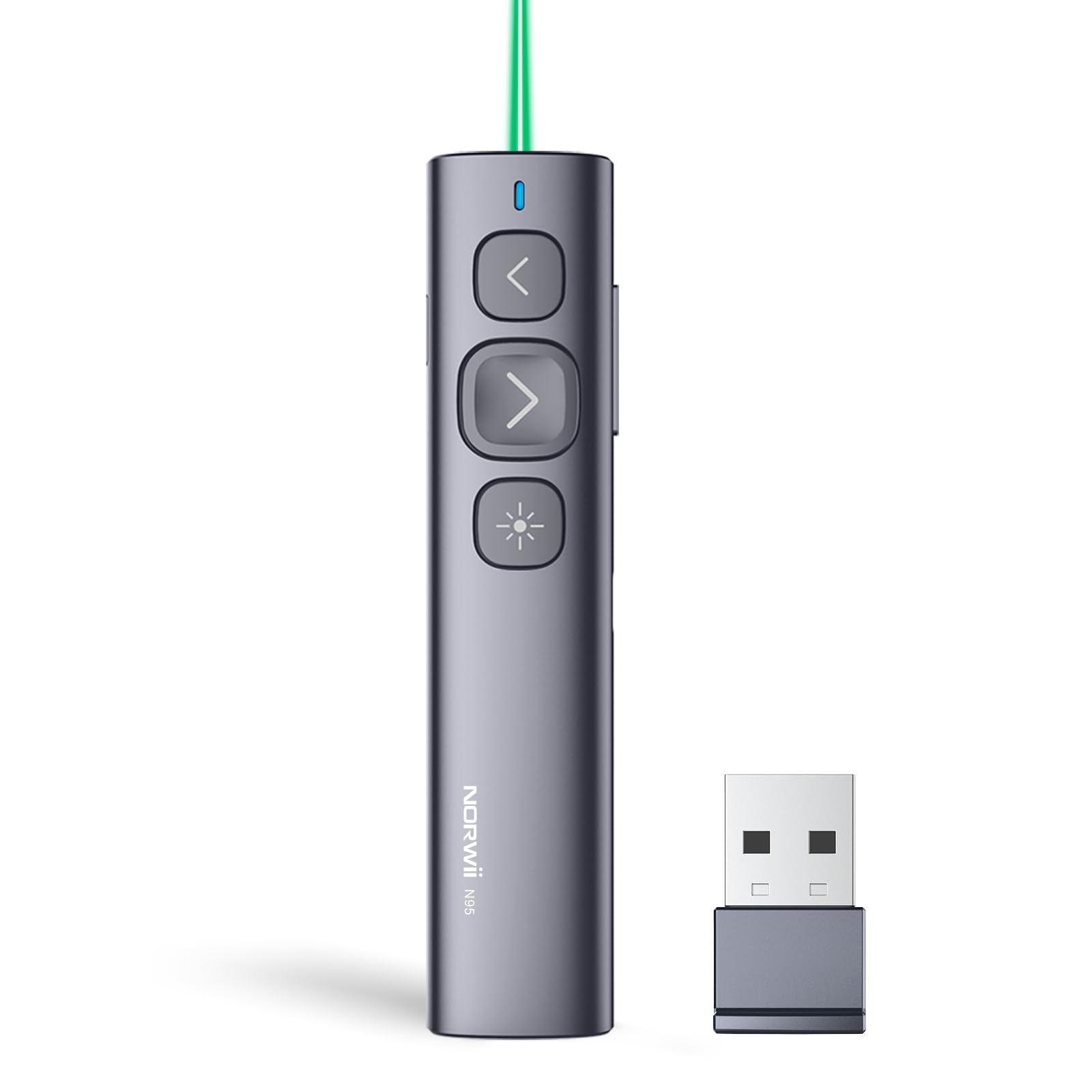 Norwii N95 Presentation Clicker, PowerPoint Clicker para presentaciones a distancia, puntero inalámbrico recargable para presentaciones, puntero para diapositivas (Verde, USB-A)
