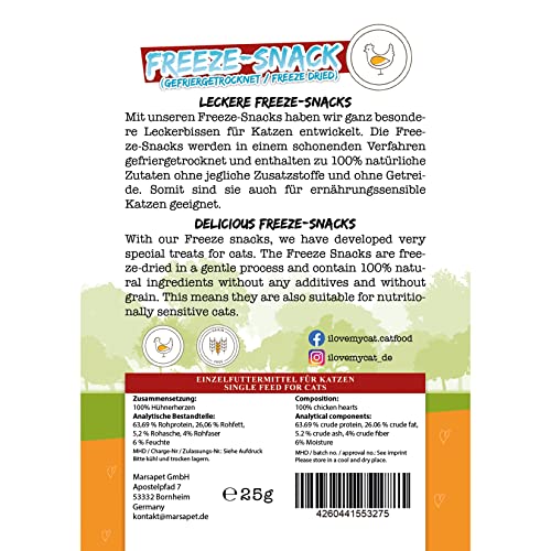 I Love My Cat Hochwertige Freeze-Snacks für Katzen mit Hühnerherzen (gefriergetrocknet), gut bekömmlich, kohlenhydratarm und ohne künstliche Zusatzstoffe - 25 g