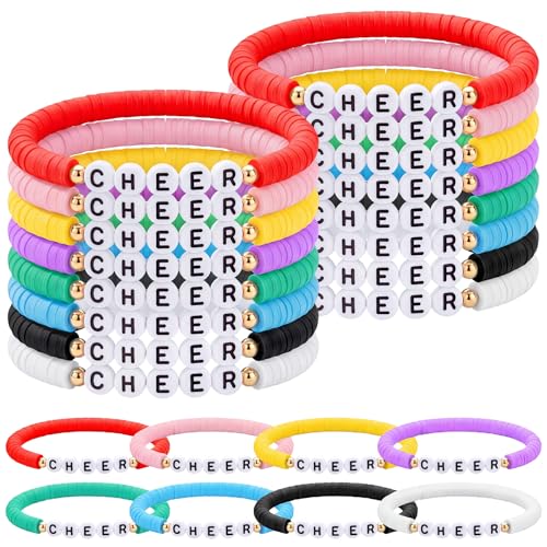 Image of Landical 24 Pcs Cheerleader Gifts Stackable Clay Bead Cheer Bracelets Friendship Bracelets Senior Night Cheer Gifts for Girls(Mix Color)