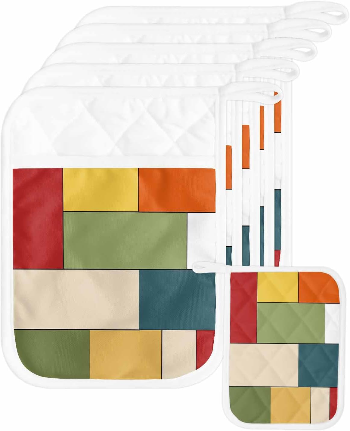 5 Pack Pot Holder with Pocket, Modern Geometric Color Block Kitchen Potholders Heat Proof Non Slip Pot Holders Sets, Red Blue Green Striped Hot Pads Potholder for Cooking Baking BBQ
