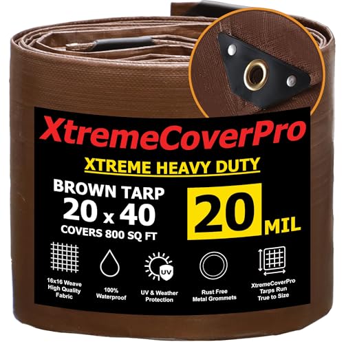 20 x 40 Brown Super Ultra Heavy-Duty Tarp 20 Mil Waterproof & UV-Resistant 20x40 - Large Outdoor Tarp Waterproof Cover for Rain Camping Tent UV Protection Reinforced Corners