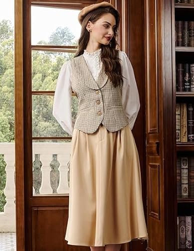 Belle Poque Braune Karierte Weste für Damen Lässig Anzugweste U-Ausschnitt Button-Down Westen für Hemden Oberteile