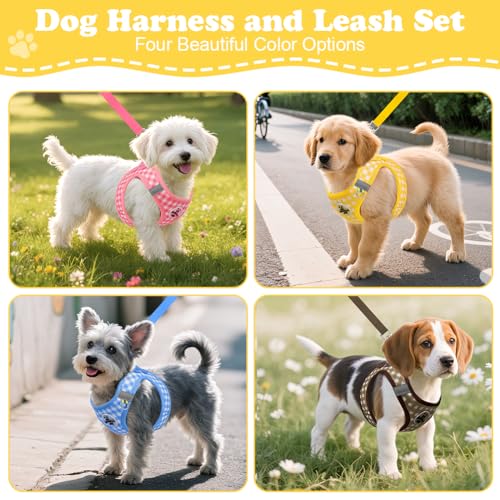 OFFCUP Hundegeschirr Leine Set für Hunde, Atmungsaktive Step-In Geschirr aus Mesh mit gepolsterter Weste Anti Zug Reflektierend Verstellbar Weich Welpengeschirr Katzengeschirr, Gelb, S