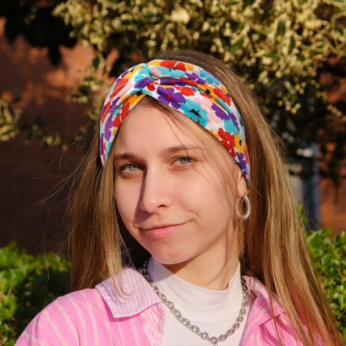 Image of DRESHOW 4 Pack Boho Non-Slip Headbands for Women Girls Yoga Workout Running Knotted Turban Floral Elastic Head Wrap