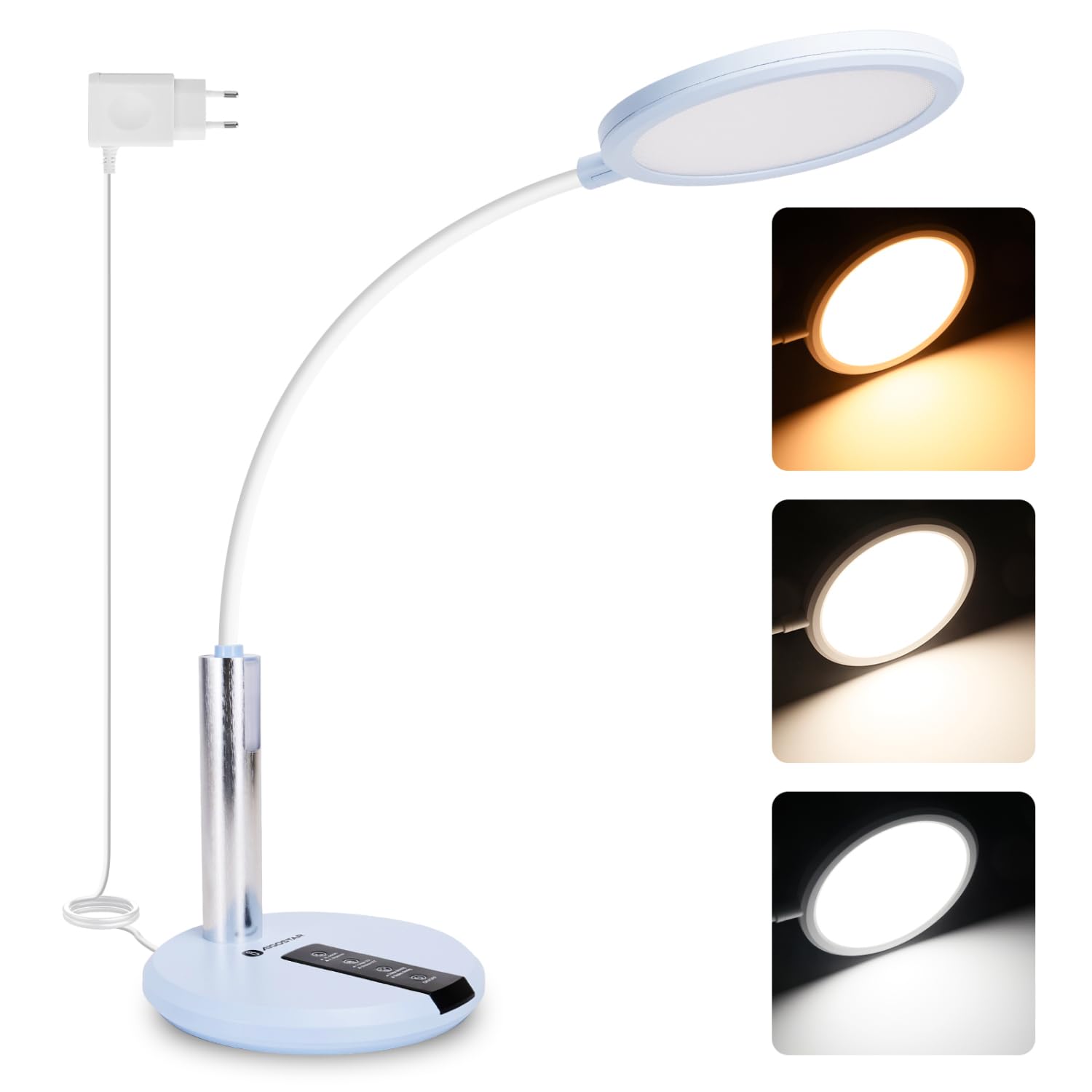 Aigostar lámpara escritorio, flexo LED escritorio con cable, dos fuentes de luz, ajuste flexible de 360°, ajuste de brillo y temperatura de color, con cable de 130 cm, función de memoria, azul