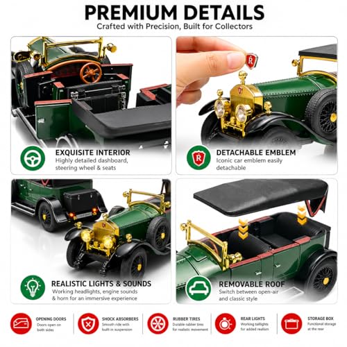 Image of Magicwand 1925 Convertible Vintage Classic Car Model, Rollls Roycce Phantom I,1:32 Scale Die-Cast Metal, Lights & Sound, with Openable Doors,Hood & Removable Roof ⦗Random Color⦘
