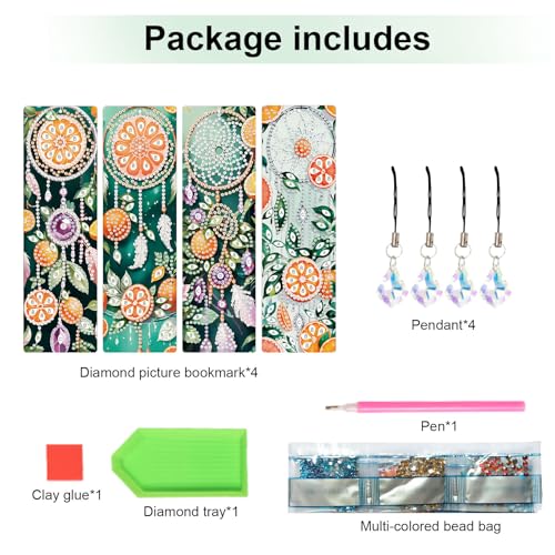 Image of 4 Pcs Diamond Painting Bookmarks, DIY Orange and Dreamcatcher Diamond Art Bookmark Kits for Adults, Rhinestone Drill Fruit Bookmarks with Tassels for Beginners
