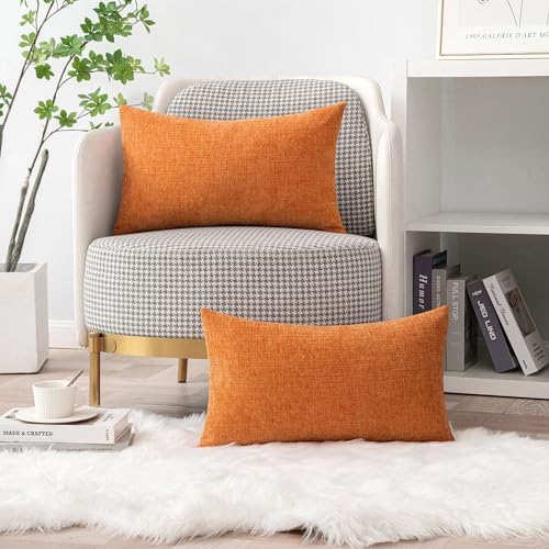 Image of MIULEE Pack of 2 Orange Throw Pillow Covers 12x20 Inch Soft Chenille Lumbar Pillow Covers for Sofa Living Room Couch Fall Home Decor Solid Dyed Cases