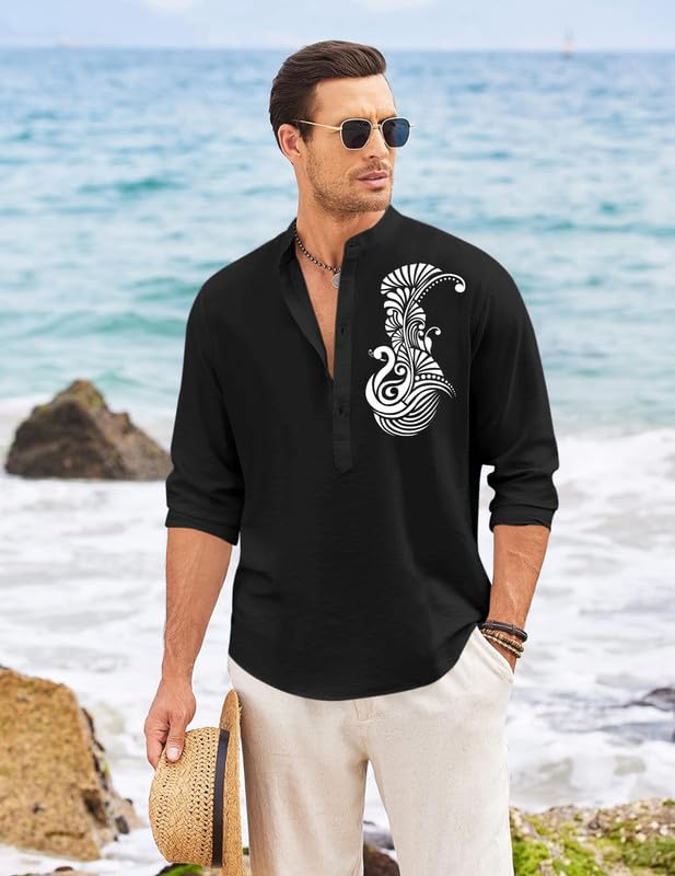 Image of FINIVO FASHION Men's Printed Cotton Blend Short Kurta with Artistic Chest Design | Stylish Full Sleeve Casual Kurta with Mandarin Collar for Daily, Travel Soft Textured