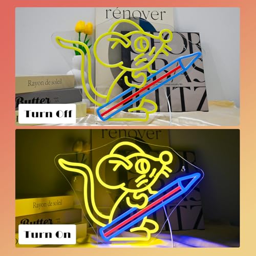 Image of Pencil Neon Sign for Wall Decor Pencil Mouse School Neon Light Back To School Gift Back To School Gift USB Powered Led Light for Classroom Kidroom Dorm Wall Bookshelf Decor 11.8 inch*16.5 inch
