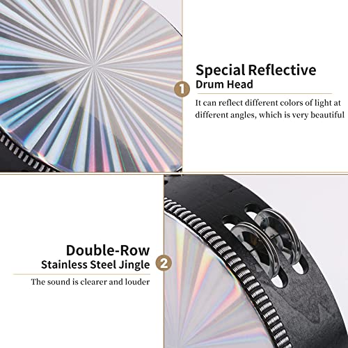 Dreokee Radiant Tambourines, 10 Inch Tambourine With Double Row Jingle Reflective Hand Drum Percussion Handheld Drum Bell Musical Instrument Hand Held Percussion For Adults Church, Ktv, Party, Games #TOP4