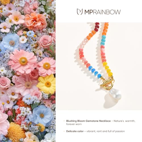 MPRAINBOW Beaded Gemstone Necklace for Women - 18K Gold Plated Beach Jewelry Baroque Pearl Pendant, Handmade Colorful Bead Boho Choker Summer Holiday Surfer Necklace Trendy Gift for Her — view 4
