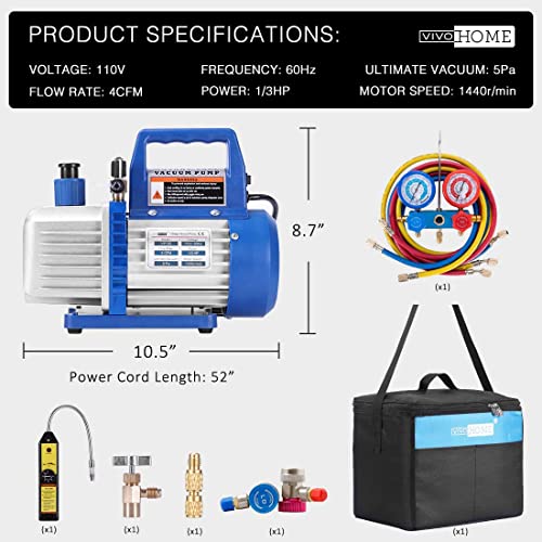 Vivohome 110V 1/3 Hp 4Cfm Single Stage Rotary Vane Air Vacuum Pump And R134A Ac Manifold Gauge Set Kit With Leak Detector Carry Bag For Hvac Air Conditioning Refrigeration Recharging Etl Listed #TOP5