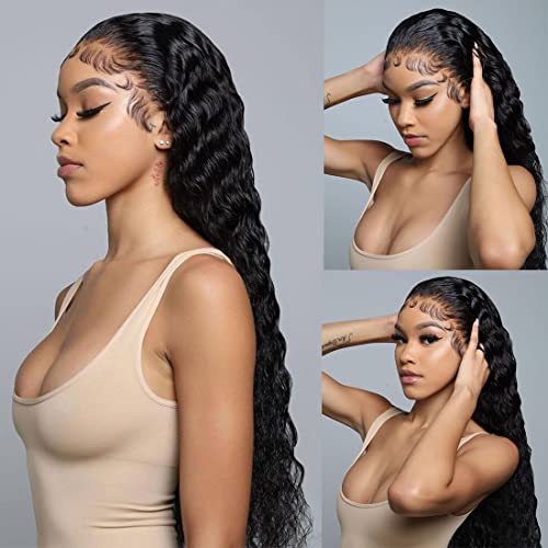 Siyun Show Deep Wave Lace Front Wigs - Curly Human Hair Wigs for Black Women Natural Hair Wigs Glueless Lace Wigs Human Hair Pre Plucked Transparent Lace Frontal Wigs…… (32, Deep Wig Transparent Lace)