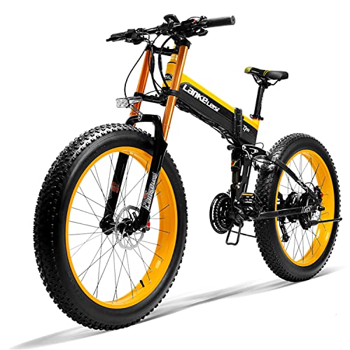 LANKELEISI Elektrisches Mountainbike für Erwachsene, 66 x 4,0 Breitrad MTB mit Motor, Abnehmbarer Akku 48 V, 15 Ah, LCD-Display, 7 Geschwindigkeiten, Schwarz und Gelb T750plus Cover