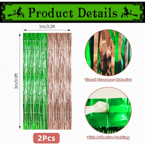 Image of Adorely Foil Fringe Curtains 2 Pcs 3.3x6.6 ft Birthday Party Decorations, Rose Gold Green Foil Fringe Curtains Metallic Streamer, Witch Tinsel Photo Booth Props Backdrops for Witch Birthday Supplies