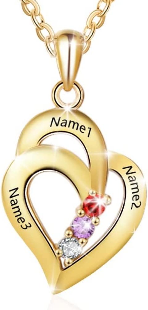 Lam Hub Fong Personalized Mothers Name Necklace Sterling Silver 3 Simulated Birthstones Relationship Heart Necklace Customized Meaningful Name Necklace for Women