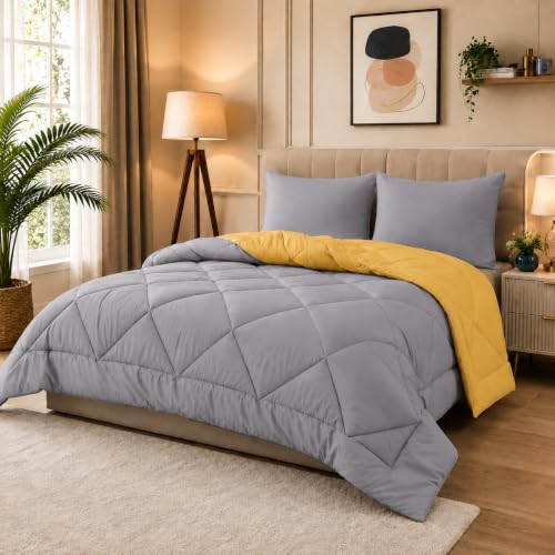 Image of 220 GSM Comforter Set Double Bed | Microfiber Reversible AC Blanket Duvet Quilt for Double Bed King Size for Summer (Yellow & Silver)