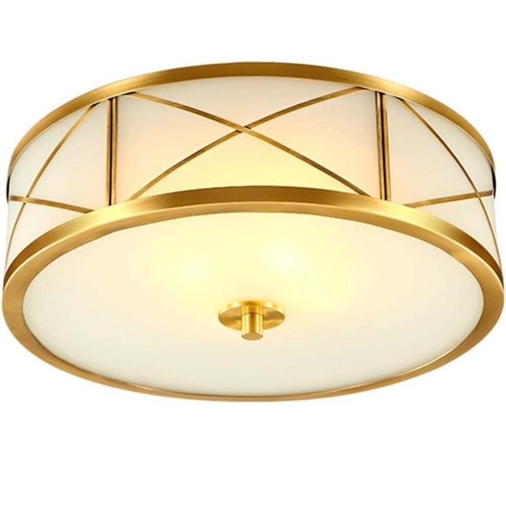LUOYAOB American Retro Drum Ceiling Lights Glass Shade with Geometric Pattern Flush Mount Ceiling Lamp All Copper Body 3-Color Dimmable Ceiling Light Fixture for Bedroom Living Room(35cm/13.7in)