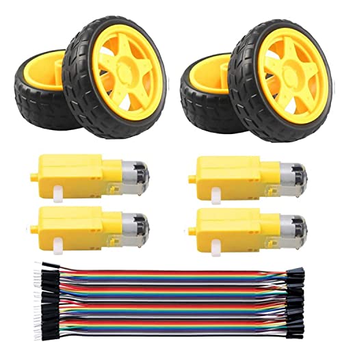 DUBEUYEW 4pcs 3-6V Dual Shaft Gear TT Moto pour voiture jouet à quatre roues motrices/corps robotique/jouets d'avion + 4pcs roues de pneu en plastique + 40pin mâle à femelle fil multicolore Cover