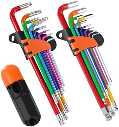 18pcs Hex Key Set with T Handle Long Arm Metric Allen Wrench Set (1.5mm-10mm) Ball End and Torx Wrench Set(T10-T50) for Bike Tools/Home Repair/Tight Space Allen Keys Set