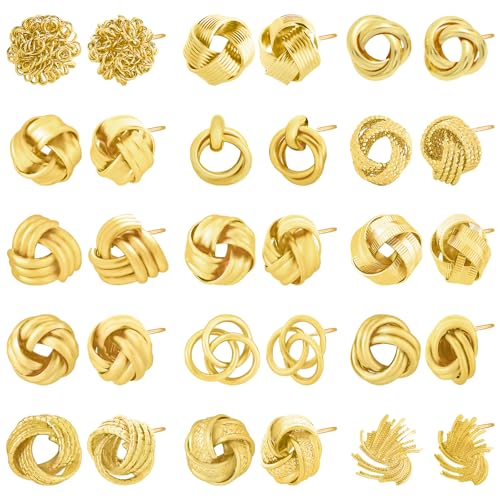 NEWITIN 15 Pairs Gold Love Knot Earrings for Women Hypoallergenic Earring 14K Gold Plated Woven Love Knot Stud Earrings for Women