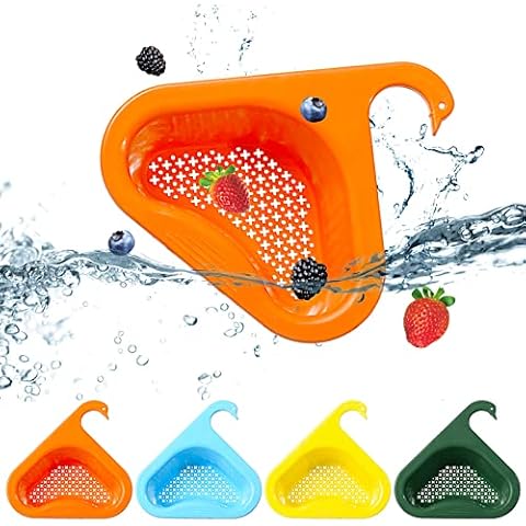 DUGEHO Drain Basket,Multi-Functional Hanging Filtering Draining Rack,Sink Strainer Basket Triangular,Drain Basket Storage Rack for Vegetables/Fruits Kitchen Strainer Tea Strainer (4 Colors) Cover