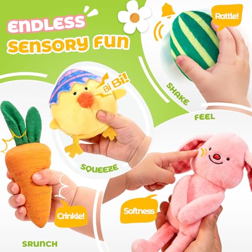 Image of JoyCat Baby Easter Basket, Easter Gifts for Baby Girl Boys Toddlers Kids, 6 PCS Plush Sensory Playset with Bunny Chick Egg Carrot Tulip Toys, Rattle, Squeaker & Crinkle Plush Toys, Easter Egg Hunt