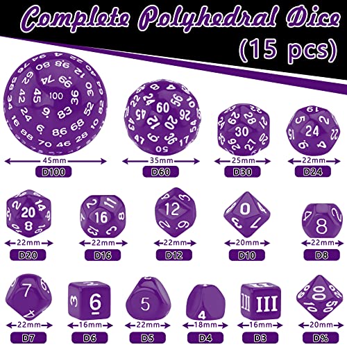 Austor 15 Pieces Complete Polyhedral Dice Set D3-D100 Game Dice Set With A Leather Drawstring Storage Bag For Role Playing Table Games(Violet & White) #TOP1