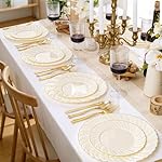 YOUBET 125PCS Scalloped Plastic Plates - Ivory Scalloped Disposable Plates - Gold Plastic Dinnerware Set Include 50 Plates, 75 Gold Silverware for Party & Wedding - Image 3