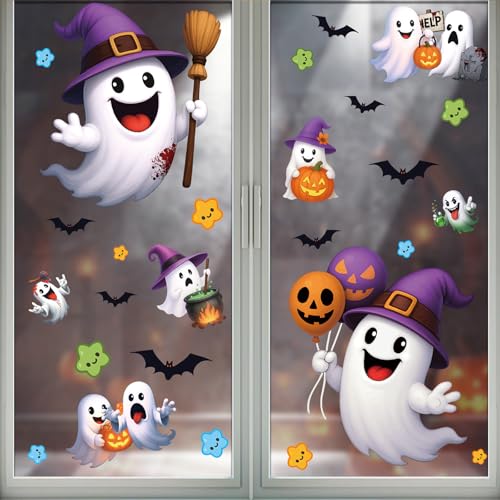 2Pcs Halloween Window Stickers Cute Ghost Pattern Window Stickers Bat Star Pumpkin Sticker...