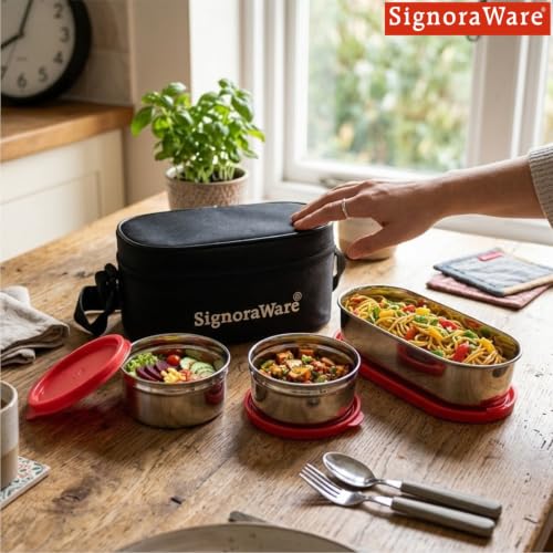 Image of SignoraWare Mini Double Decker Stainless Steel Lunch Box,(225ml+225ml+450ml, Red), Dishwasher Safe, Retains Freshness & Quality, Best for Office Executives & Students, Picnics and Outings