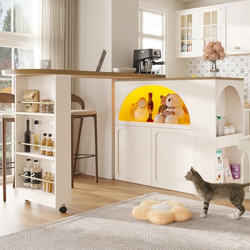 Rosebibi Mesa de bar extensible con espacio de almacenamiento (135 – 205 × 39 × 100 cm), moderna mesa de bar portátil telescópica con LED isla de cocina, diseño de puerta arqueada (blanco-2)