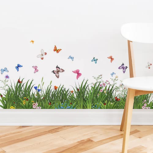 Runtoo Green Grass Wall Corner Stickers Flowers Butterfly Baseboard Skirting Line Wall Decals Window Clings Bedroom Living Room Kitchen Decor (W:59 inches)