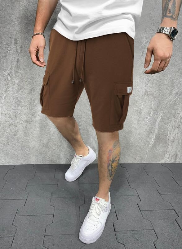 Image of Q - RIOUS Mens Casual Sweat Cargo Cotton Shorts Drawstring Elastic Waist Athletic Workout Gym Jogger Shorts with 5 Pockets