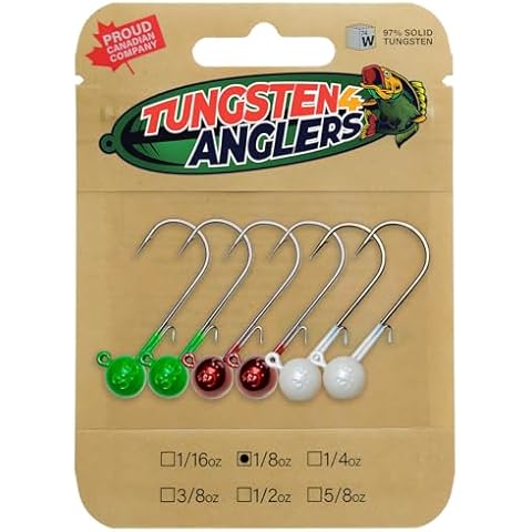 TUNGSTEN4ANGLERS Tungsten 4 Anglers - 97% Pure Tungsten Crappie Ball Jig Head | 1/16oz. #2 Hooks, 1/8oz. #1 Hooks - 6-Pack/Bag (1/8oz. #1 Hooks 6pcs), Red/Pearl/Green Cover