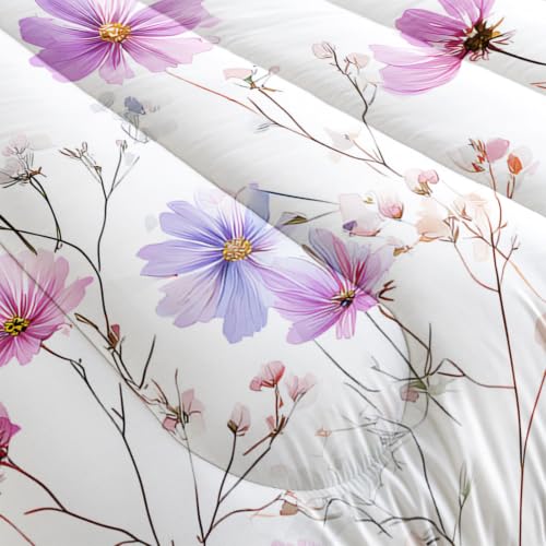 Image of AILONEN Delicate Floral Comforter Set Full Size, Lavender Stem Bedding Ensemble, Airy Blossom Bedspread Quilt with 2 Pillowcases for Teen Room
