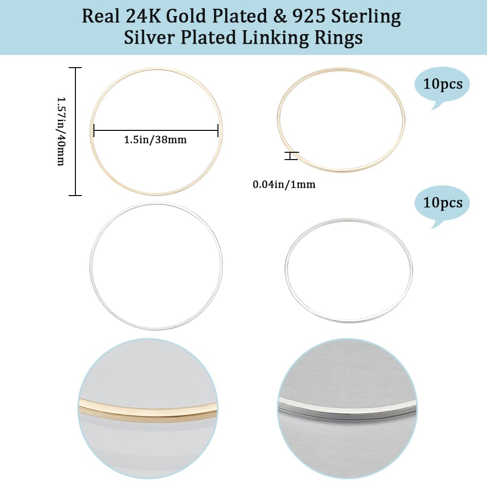 Beebeecraft 40 Pezzi Connettori Piatti Rotondi Per Gioielli – Placcati Oro 24K E Argento 925, 4 Stili Per Orecchini, Bracciali E Collane