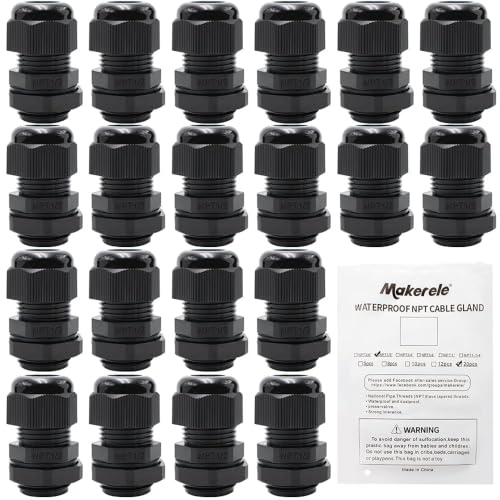 Image of MAKERELE 1 /2 NPT Nylon Cable Gland Strain Relief Connector Waterproof IP68 | 1 /2 Inch NPT, 20pcs, Black Cable Gland, 6-12mm Cable Diameter with Gaskets, Wire Grommet, for Electrical Junction Box