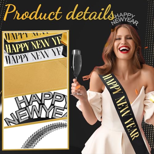 24 Pcs Happy New Year Party Supplies 2025 Include 12 Happy New Year Sash Belt and 12 Headband Accessories for Eve Party Favor Decorations Adult3