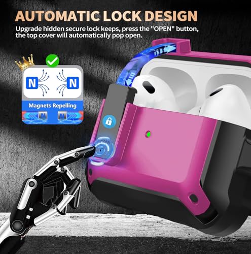 Image of Olytop for Airpods Pro 3 Case with Magnetic Automatic Lock, Rugged Apple Airpod Pro 3rd Generation Cover 2025, Armor Shockproof iPod Pro3 Gen Protective Shell with Carabiner&Cleaner kit, Black /Magenta