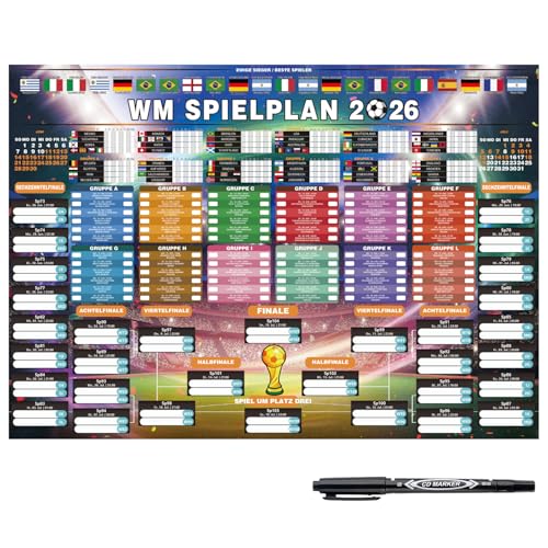 XINDY WM Spielplan 2026 Poster für Deko Fußball WM 2026 Extra großer Fußball-Wandplan für Heim & Bar 96 x66cm Enthält 48 Mannschaften alle Spiele Termine in deutscher Zeit & Austragungsorte