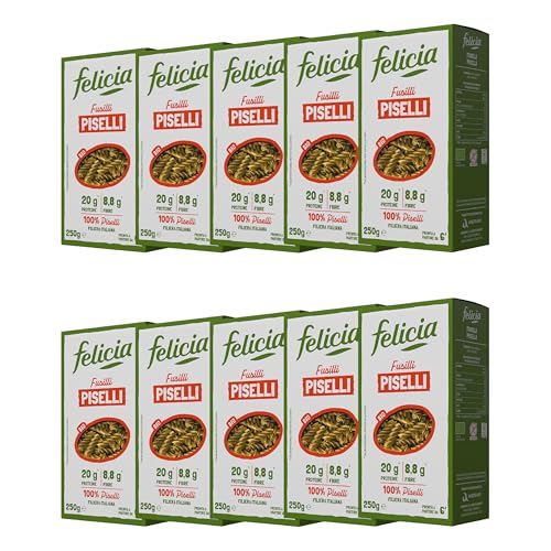 Felicia, Fusilli di Piselli Verdi, Pasta di Legumi Biologica Fonte di Ferro, Ricca di Fibre e di Proteine, Senza Glutine, Piatto Sano, Nutriente e dal Gusto Autentico di Legumi, Box da 10 Confezioni