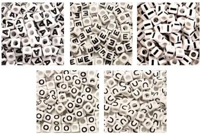 Plastic White 7mm Cube Alphabet Beads, Vowels A, E,I, O, U, total 180 beads