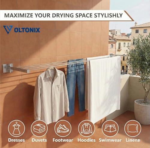 Image of Metal Foldable Wall Mount Cloth Drying Stand with 30 Feet Rope, Space Saving, Wall Mounted, for Balcony and Indoor Use (Grey)