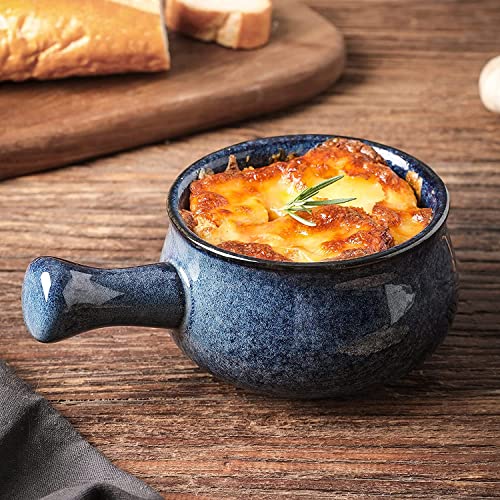Image of vicrays French Onion Soup Bowls With Handles, 26 Ounce for Soup, Chili, Beef Stew, Chip Resistant, Dishwasher Microwave Safe, Set of 4 (Strary Blue)